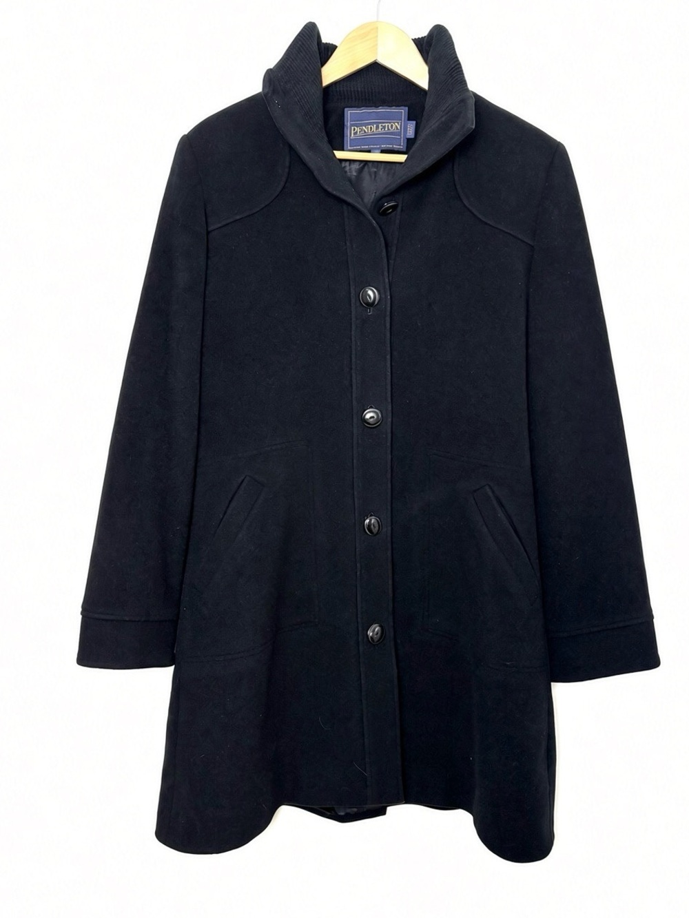 Pendleton Wool Coat Black Size 10 Knit Funnel Stand Collar Single-Breasted Lined